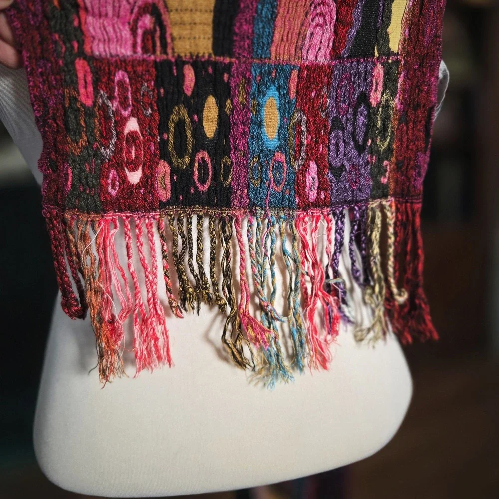 Vintage 90s Chelsey II Abstract Knit Scarf Wrap Magenta Multi Color Boho Fringe